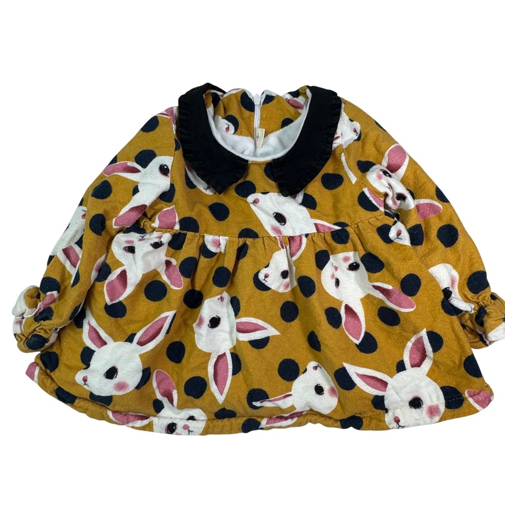 Kids Mustard Yellow Polka Dot Bunny Print Peter Pan Collar Fleece Lined Dress